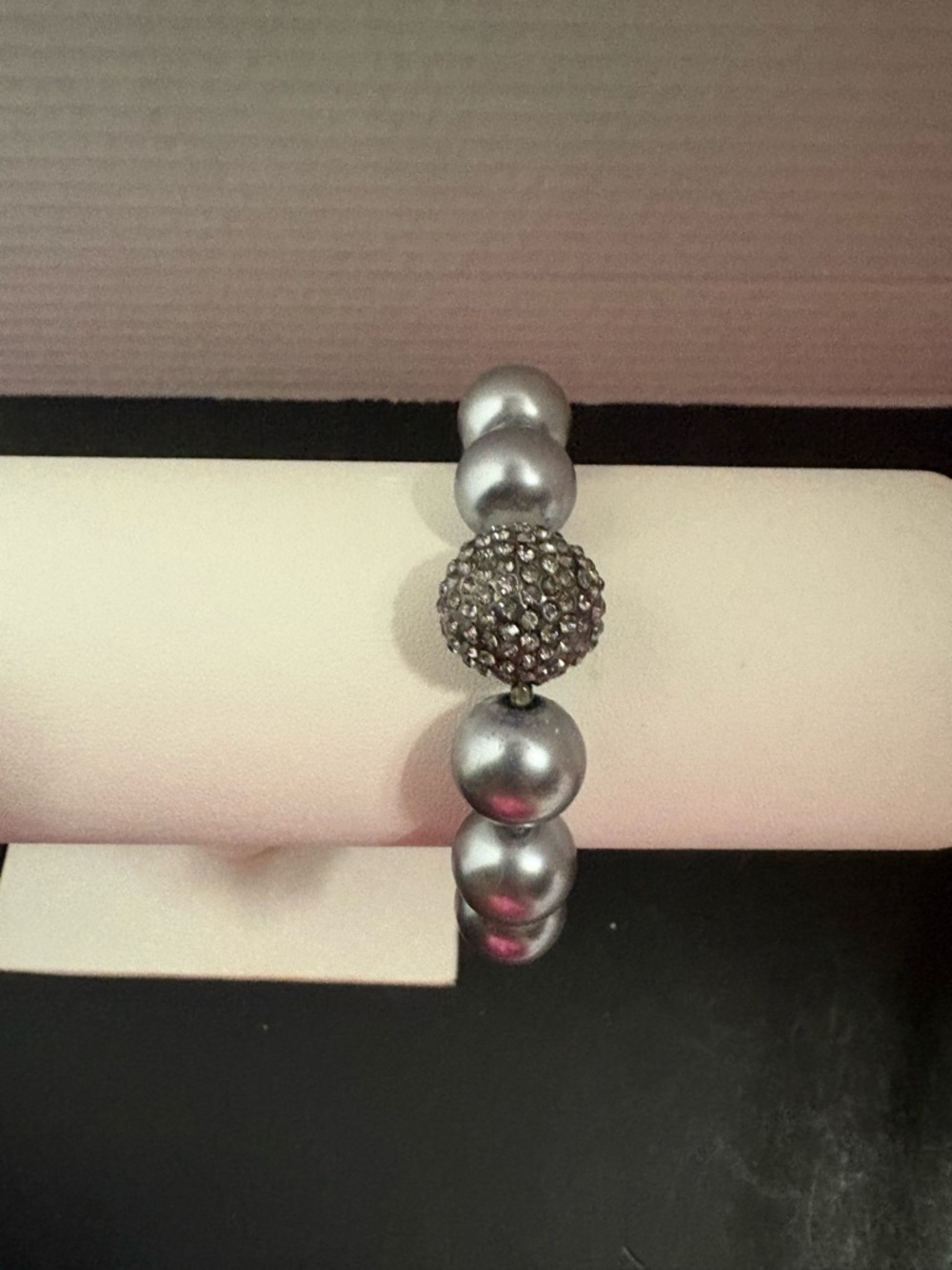 Silver Pearl Stretch Bracelet with Crystal Pave Accent